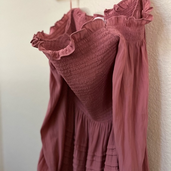 RAMY BROOK | Off The Shoulder Anita Smocked Ruffled Midi Dress in Pink | Size XS - Picture 6 of 9